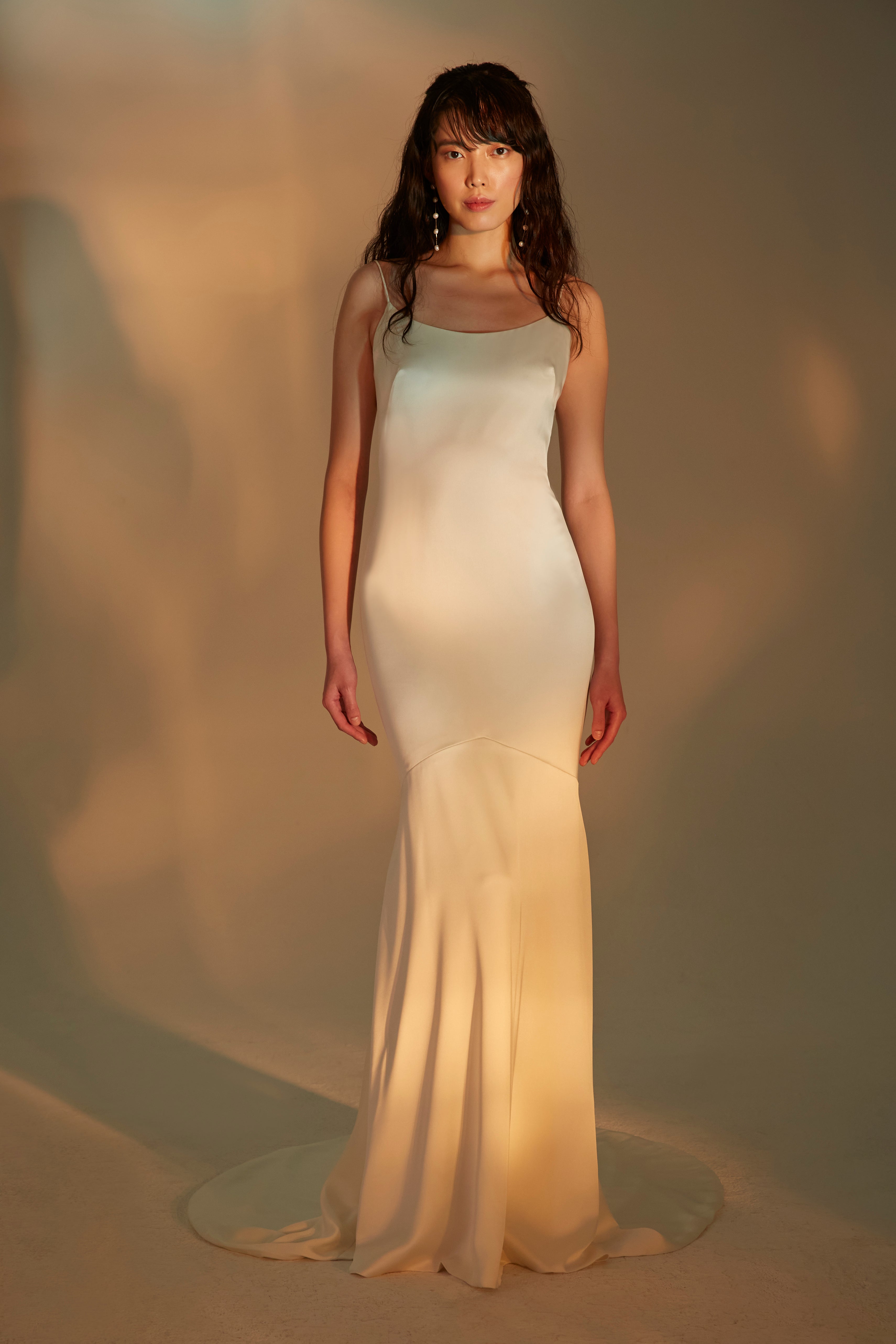 Satin scoop neck slip gown with flared skirt and low back