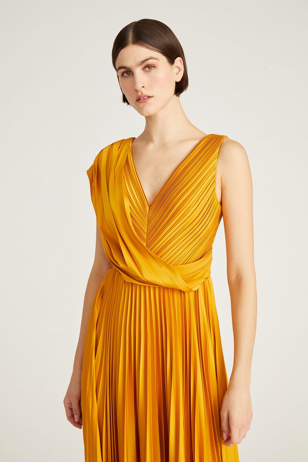yellow pleated satin dress Strapless Pleated Satin Maxi Dress with Built-in Bra