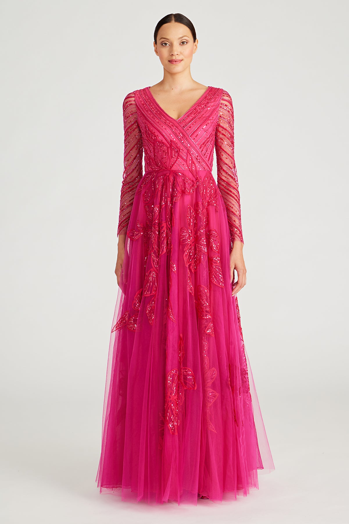Beaded Long Sleeve Evening Gown - Elegant Threads