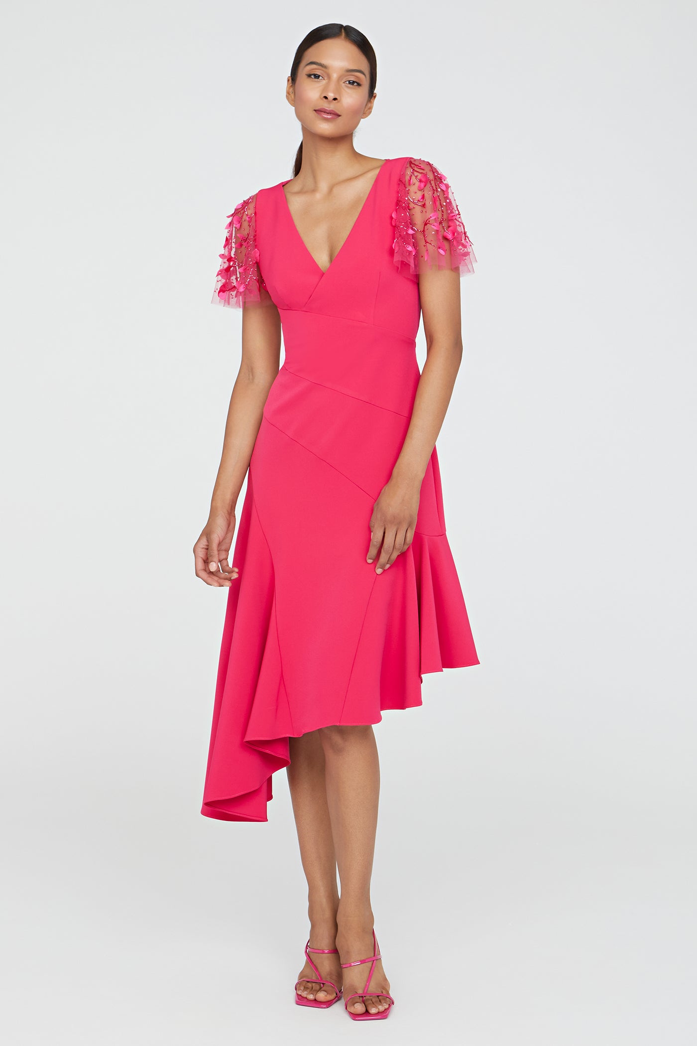 bejewelled asymmetric dress Katie Draped V-Neck Asymmetrical Hem Dress by Jewel Badgley Mischka