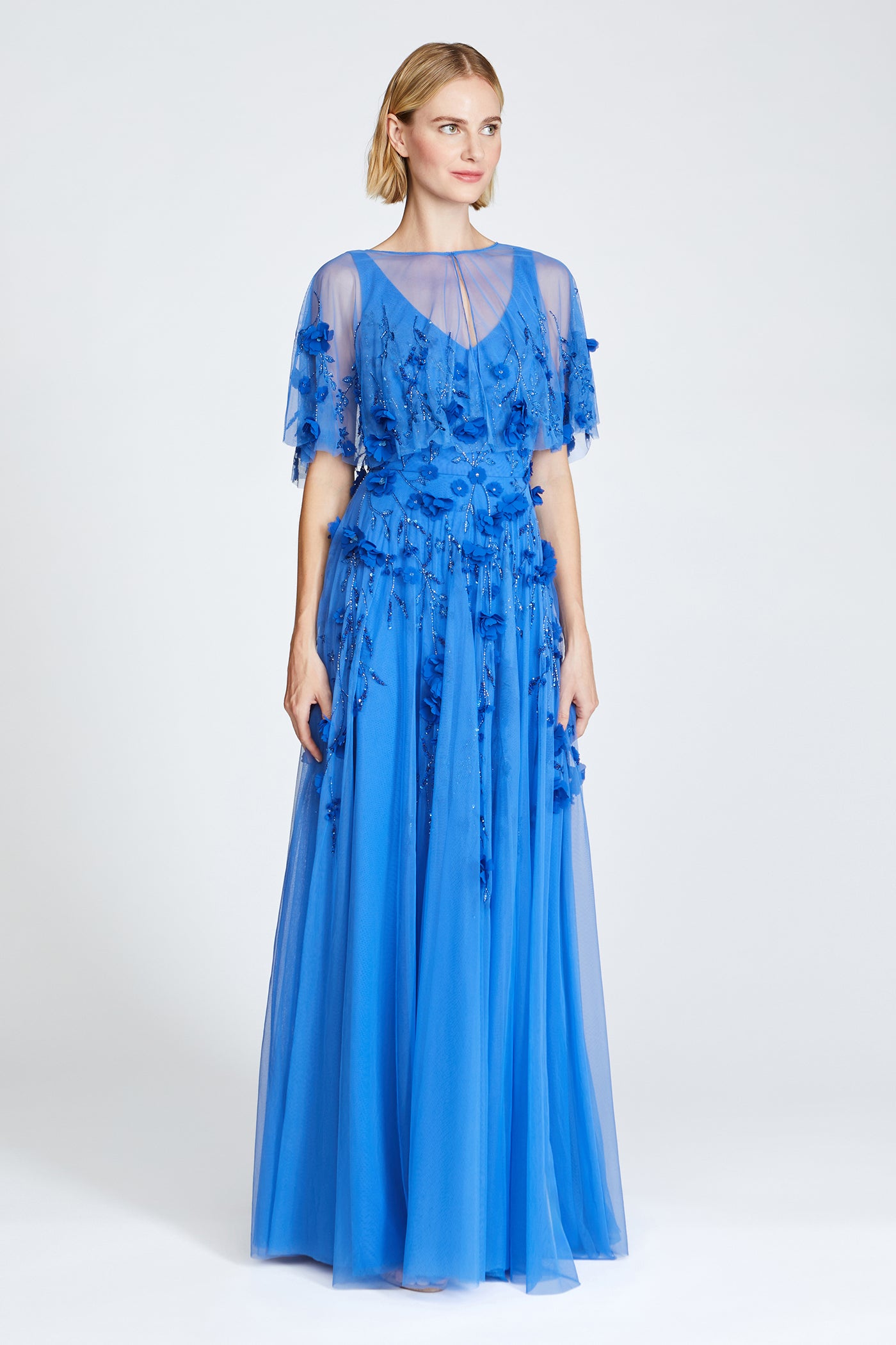 beaded capelet dress Adrianna Papell Floral Beaded Godet Cape Gown