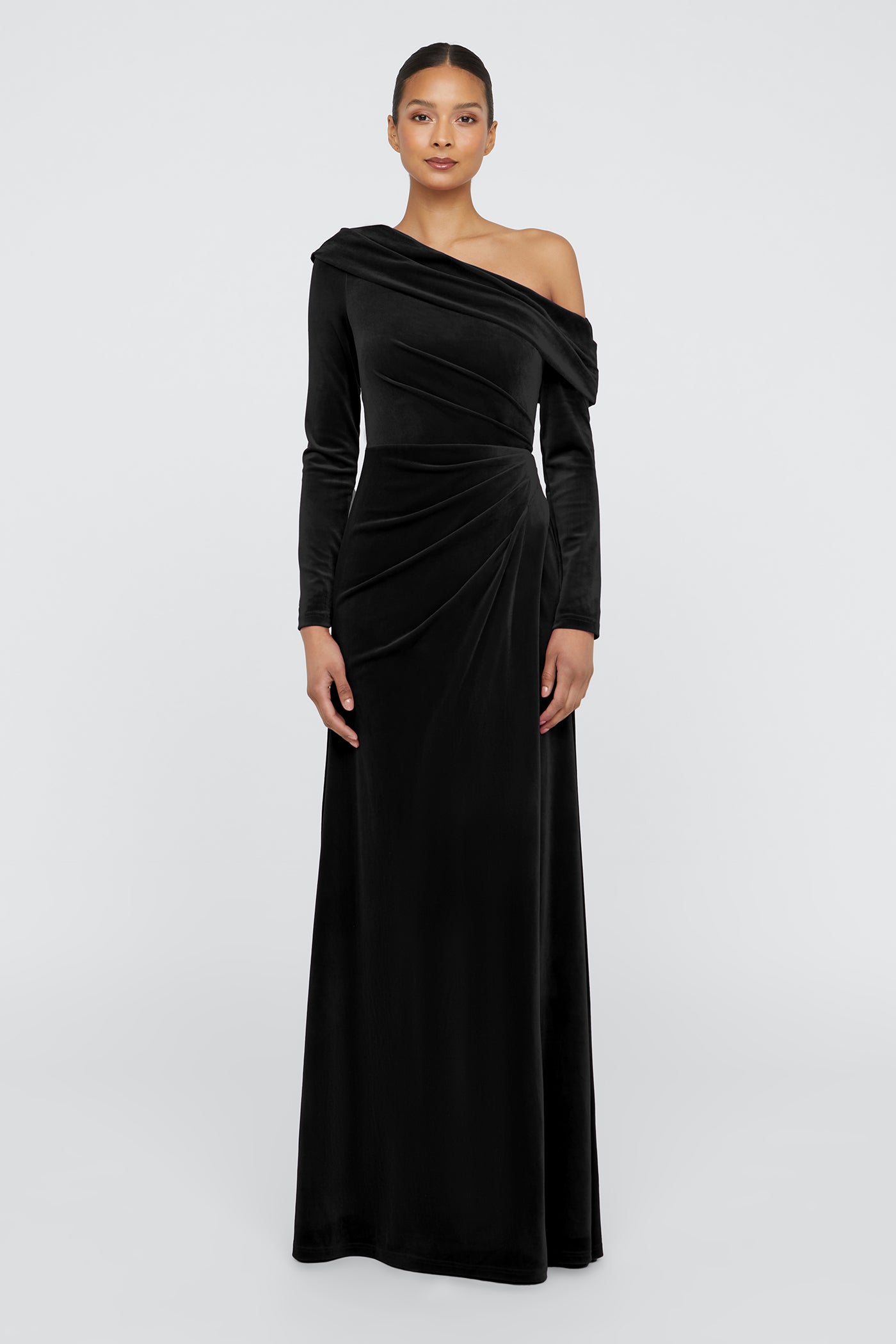 Black one-shoulder evening gown on a white background