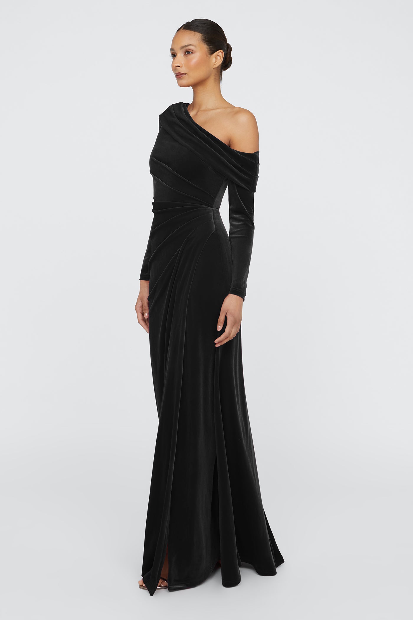 Black one-shoulder evening gown on a white background
