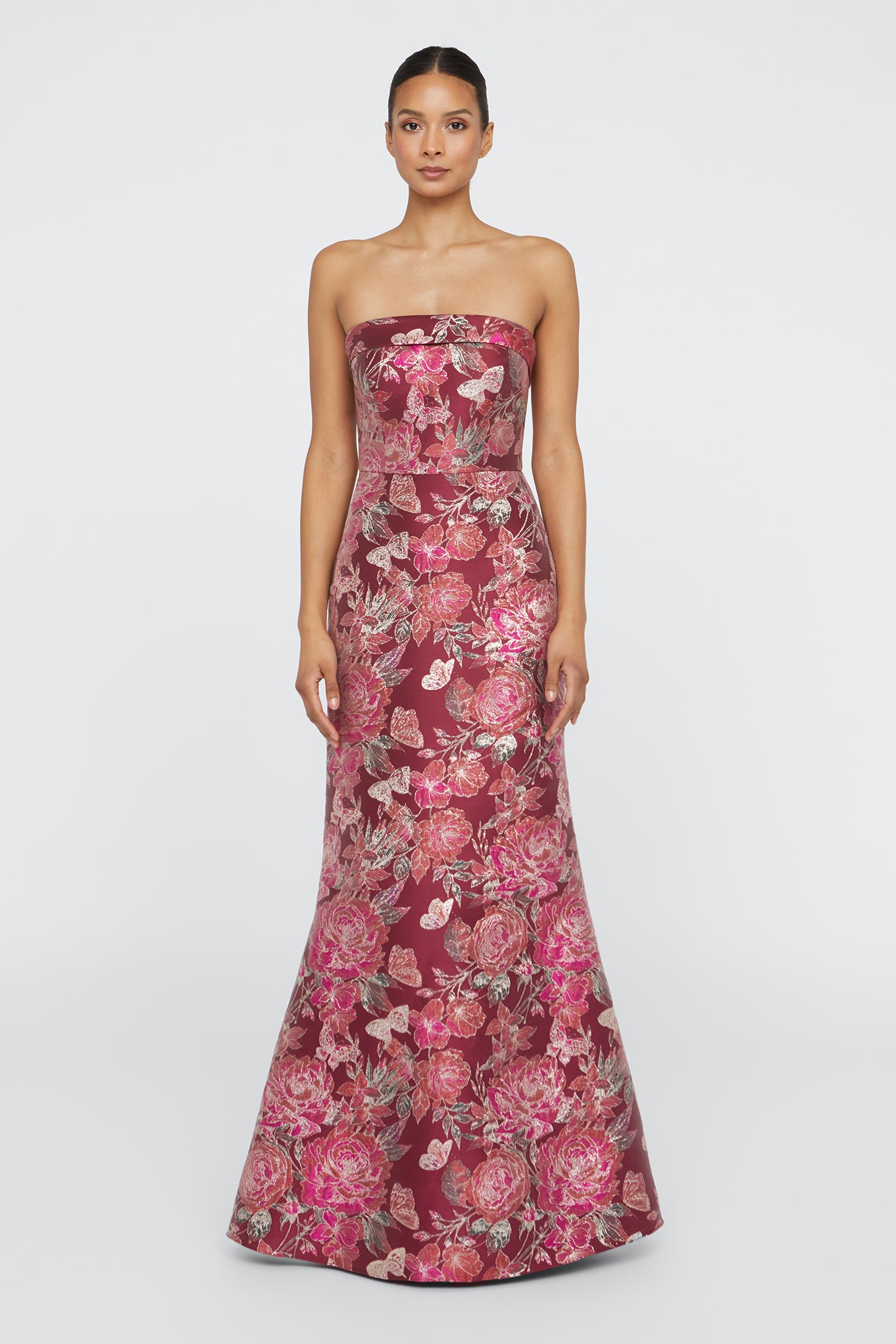 strapless metallic jacquard dress Angled Peplum Strapless Metallic Floral Jacquard Dress missy / 8 / silver