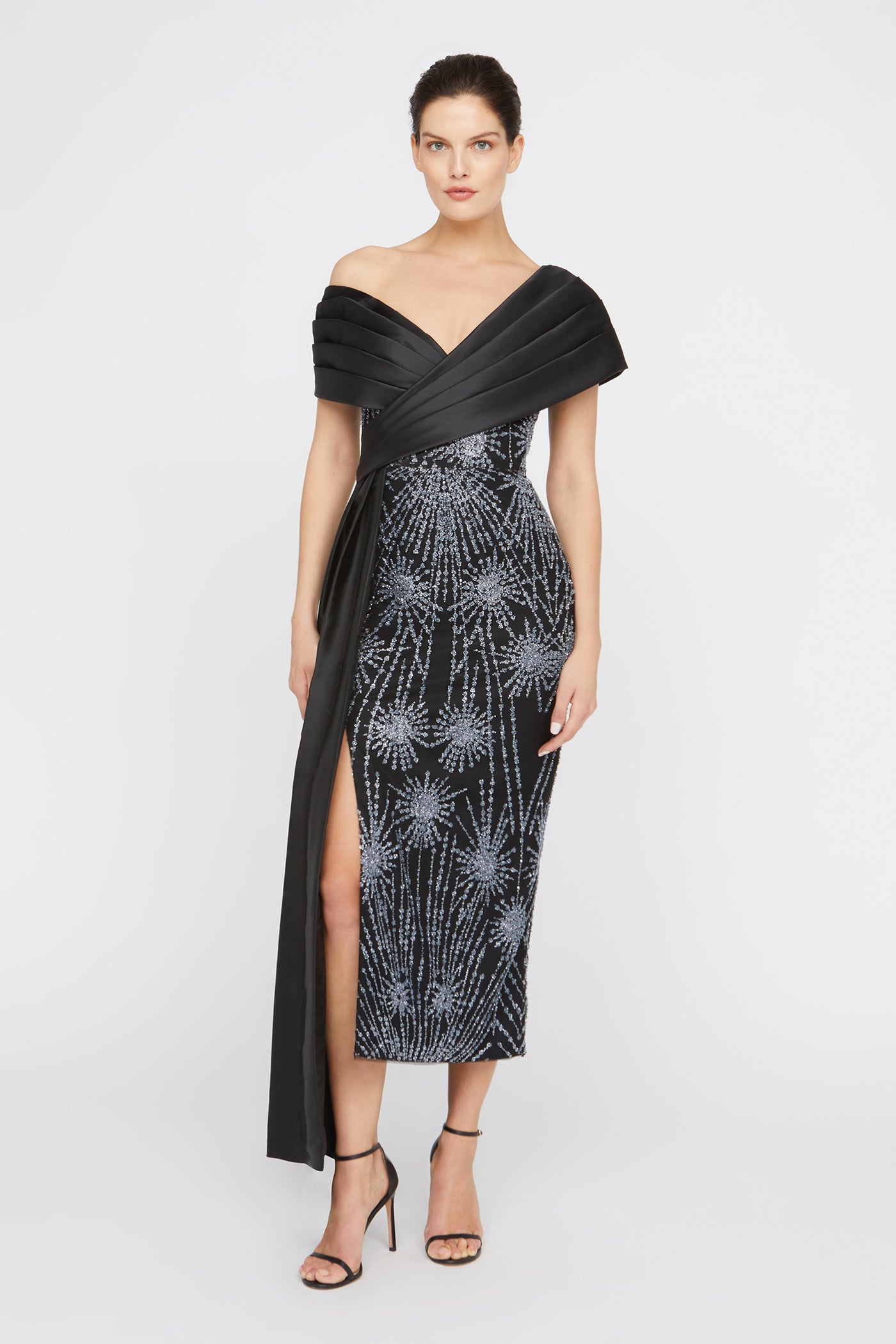 knee length dresses for ladies Theia Women's Kelly Beaded Column Midi-Dress - Black Silver