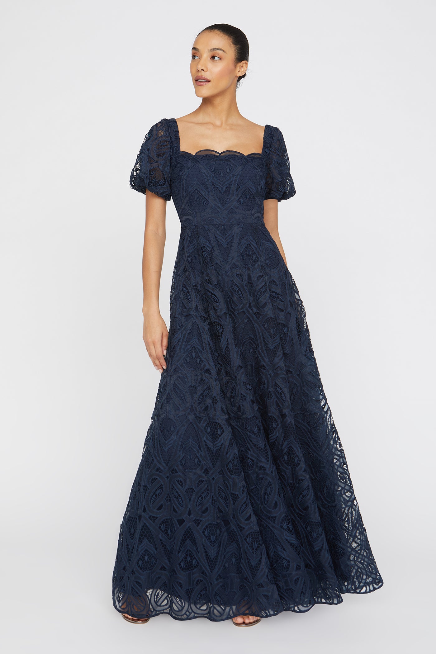 military formal dinner dress Unique A-Line Puff Sleeves Gold Long Prom Dress with Flower main image 1