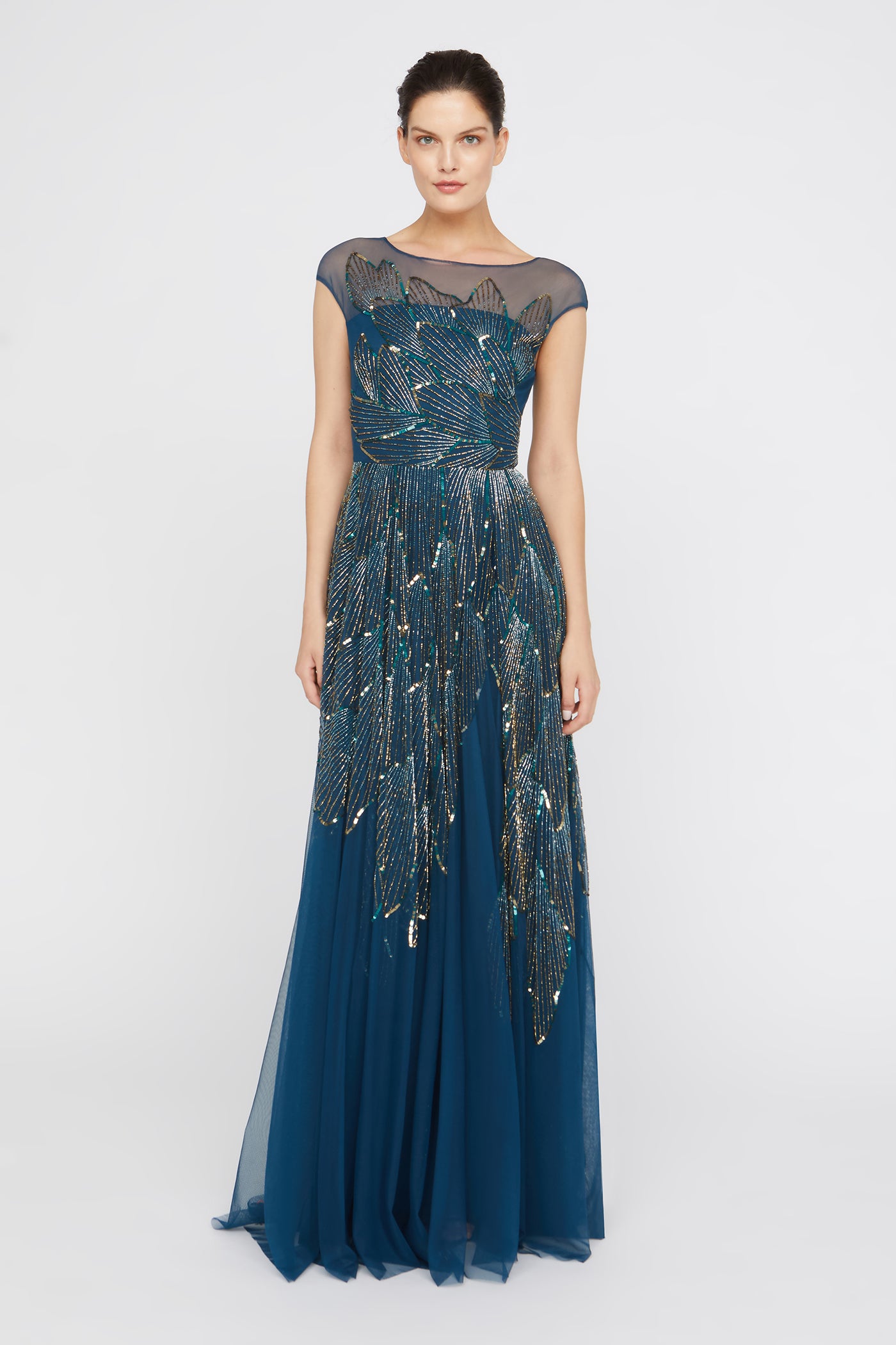 Theia Women's Ava Beaded Cap-Sleeve Gown - Aquamarine - Size 10 Theia Women's Ava Beaded Cap-Sleeve Gown - Aquamarine - Size 10