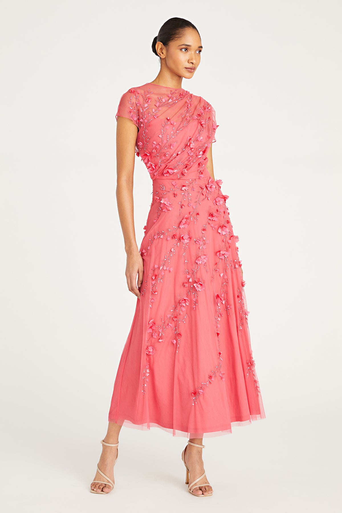 theia leona petal midi dress THEIA Leona Petal Midi Dress Pink Floral