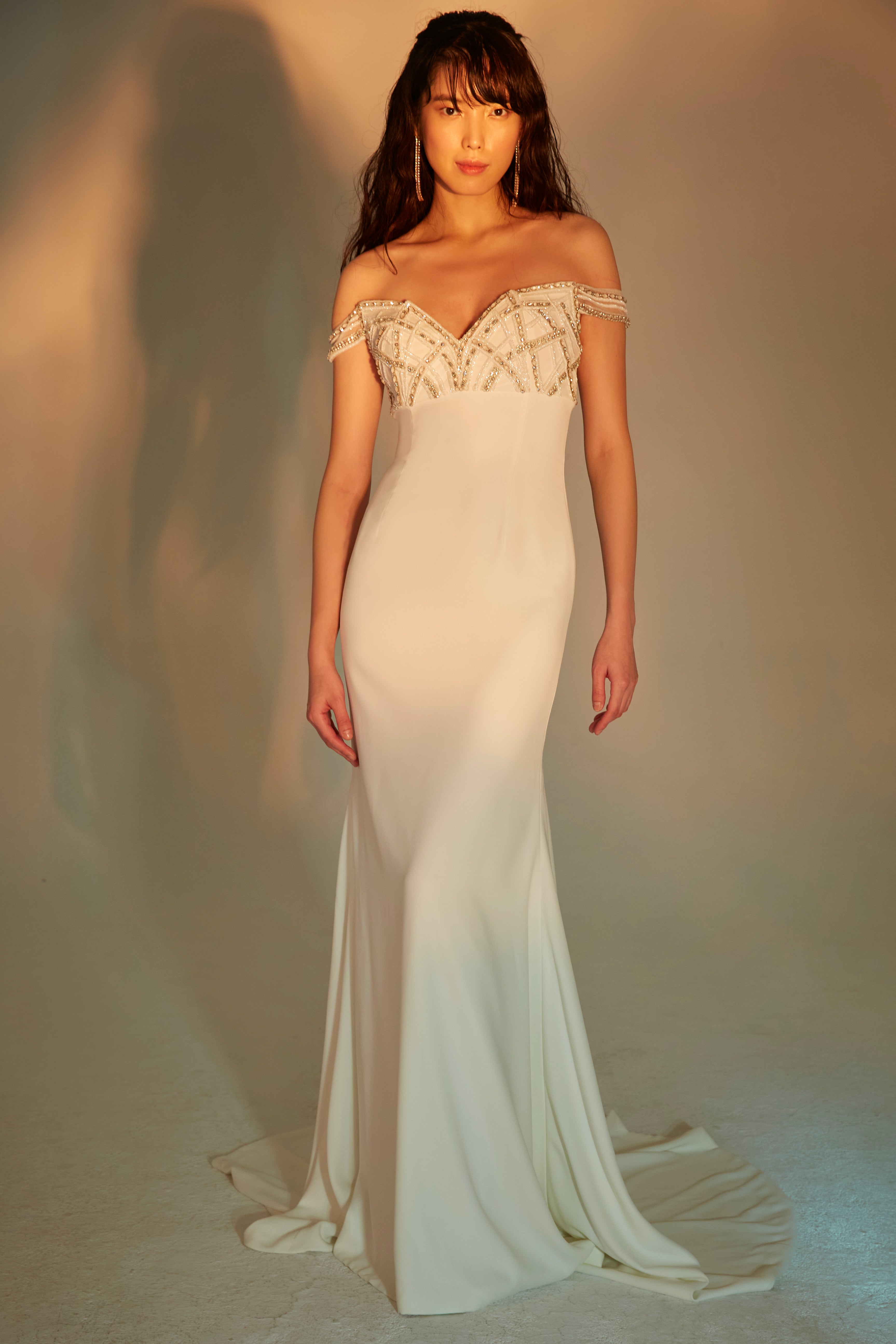 Mother of pearl Deco beaded off the shoulder gown