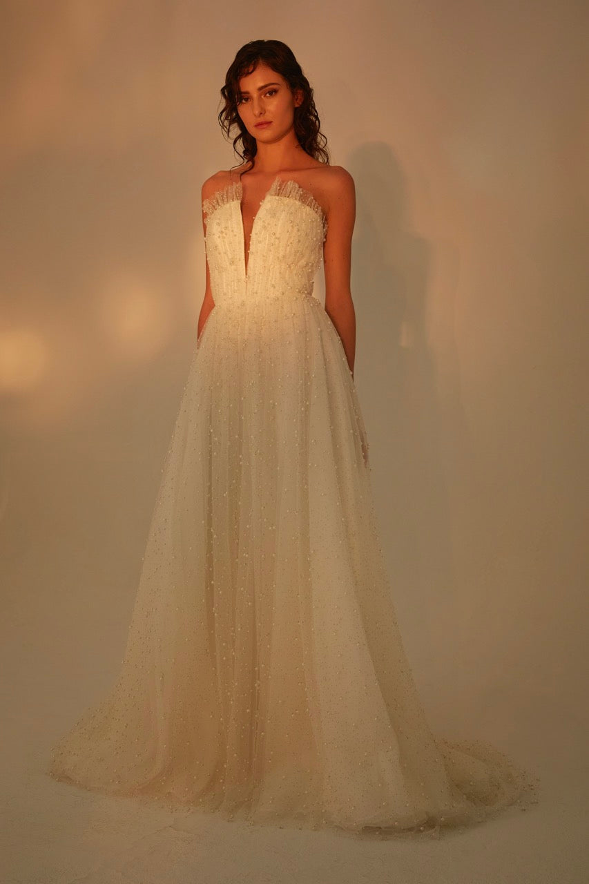 Glimmer and Pearl embellished ball gown with plunging illusion neckline