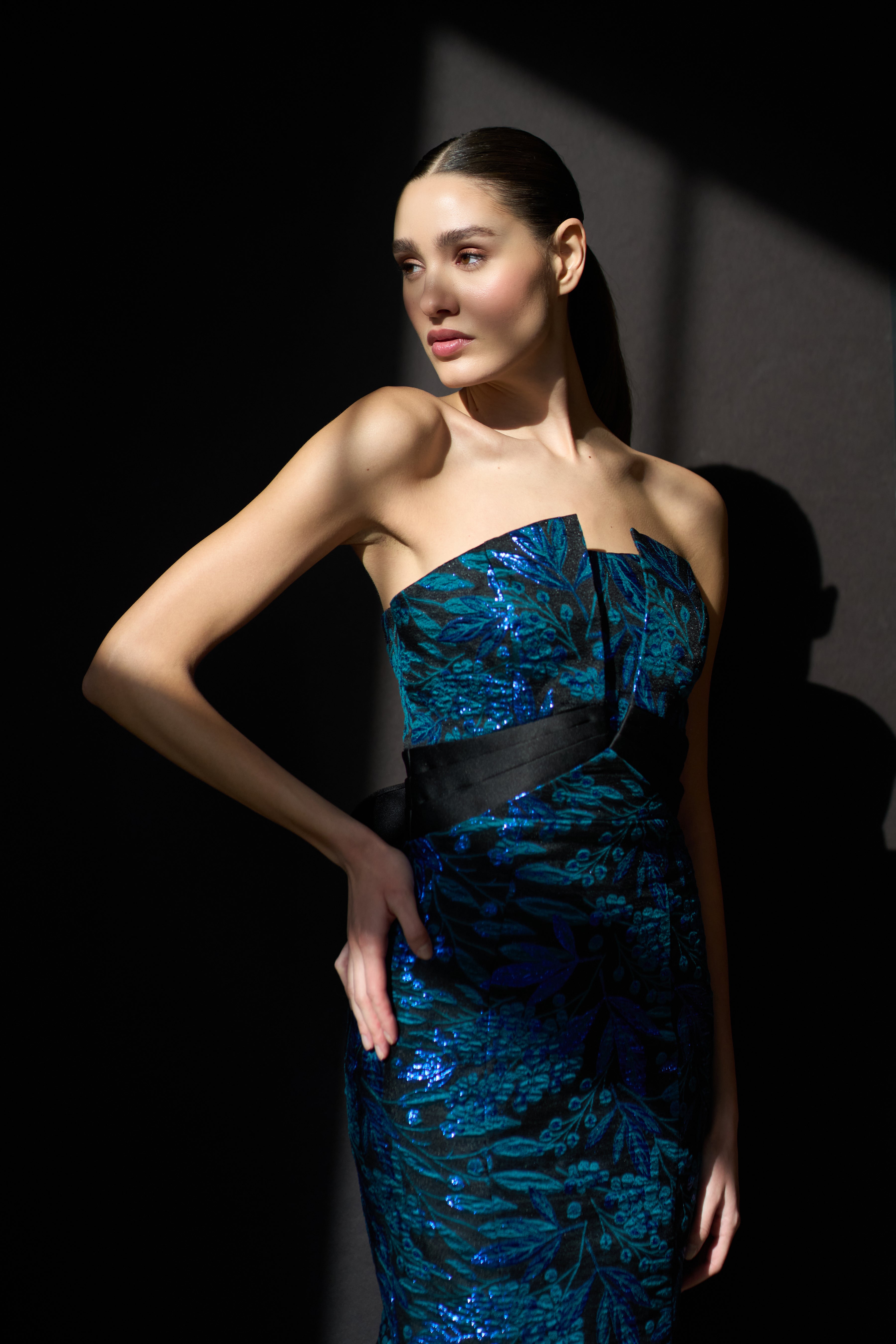 black and teal dress Fernanda Strapless Gown 6 / Black / Emerald