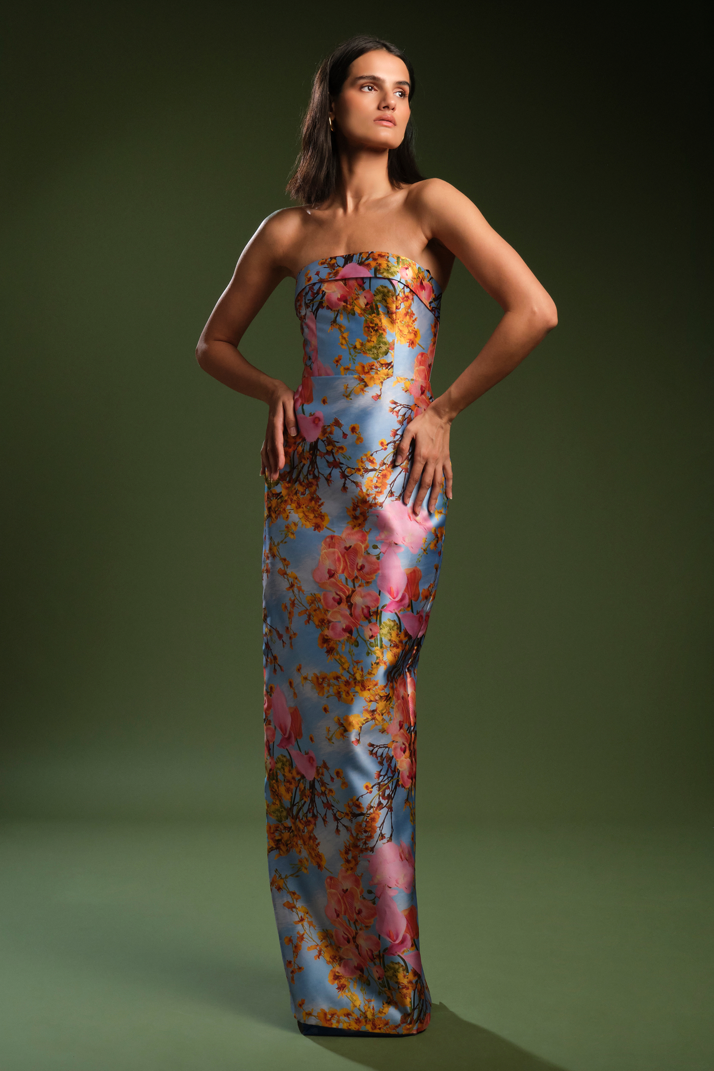 Cleo Strapless Column Gown 10 / Whisper Blue Zen in Bloom