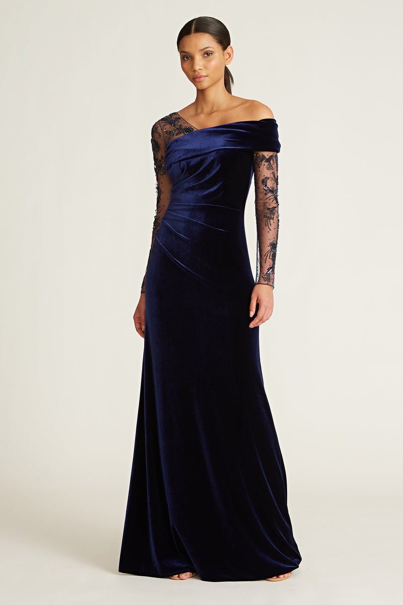 Theia - Sawyer Beaded Sleeve Gown - French Navy