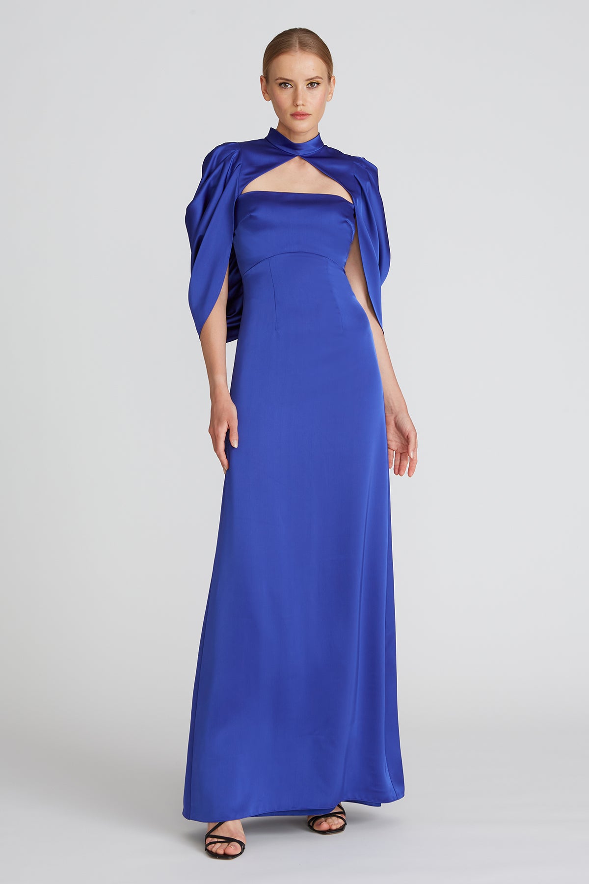THEIA - Carrie Draped Cape Sleeve Gown in Clematis Blue THEIA - Carrie Draped Cape Sleeve Gown in Clematis Blue