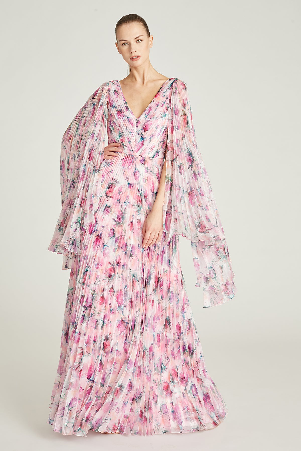 Melinda Pleated V Neck Gown
