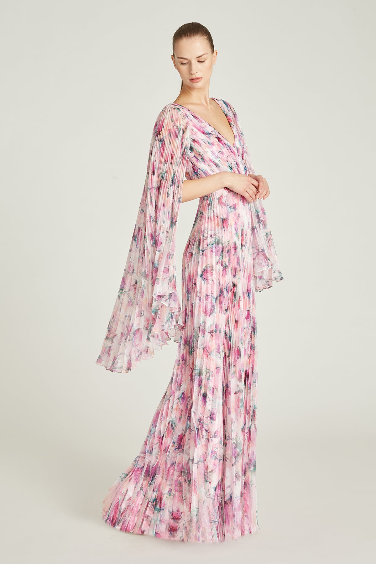 Melinda Pleated V Neck Gown