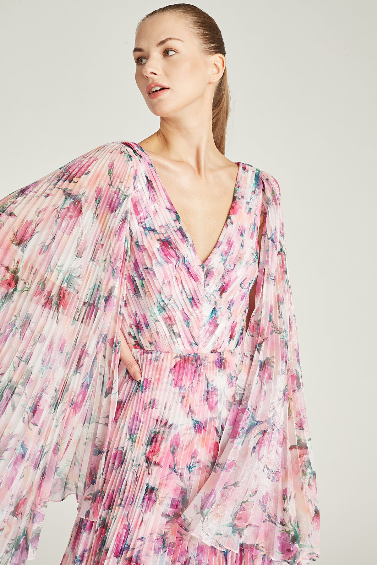 Melinda Pleated V Neck Gown