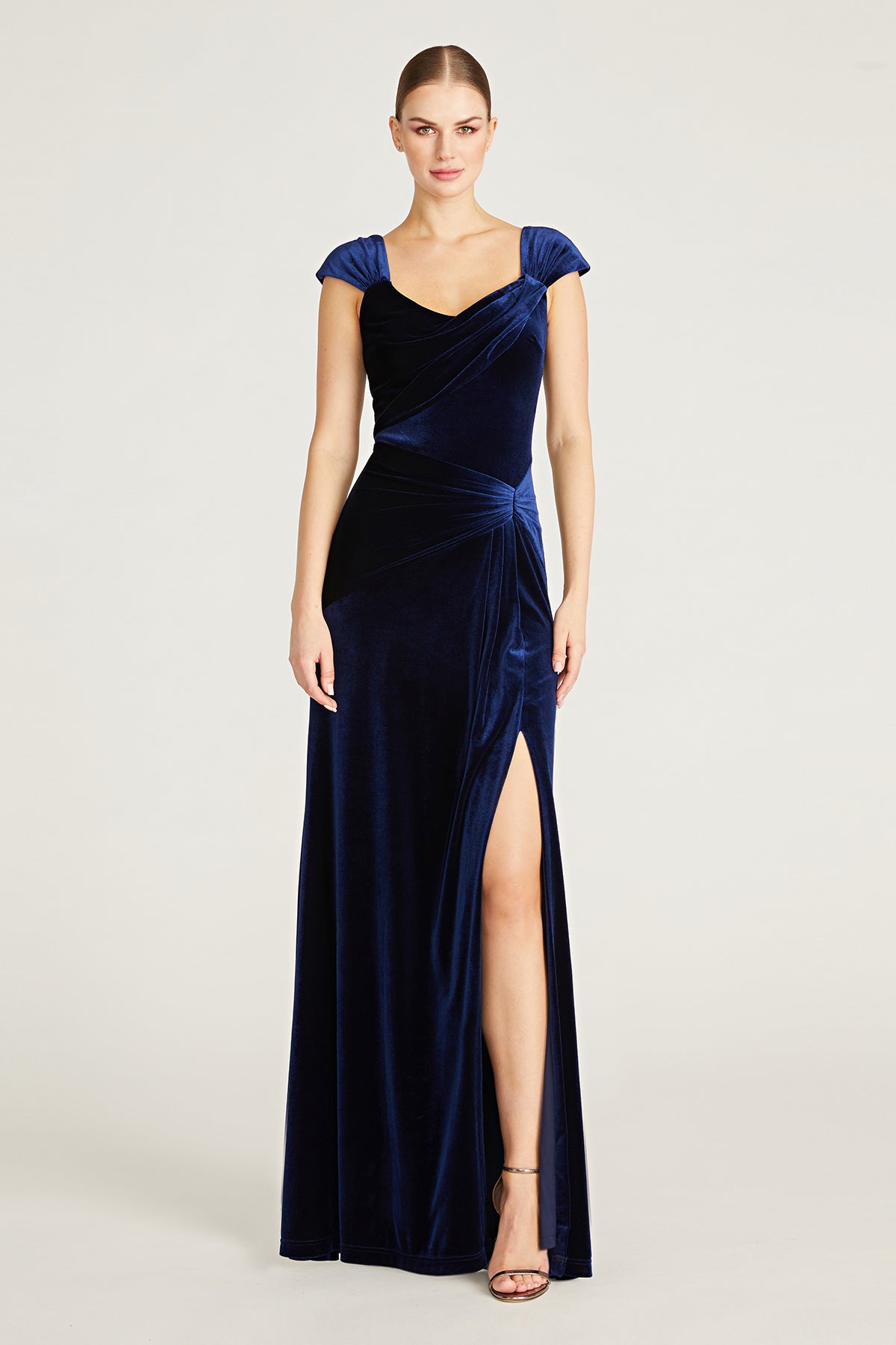 velvet dress navy blue Lou Draped Gown Color:Navy/Dove White Kimonix Dress Shirts seamed bodice Sofia | Square Neck
