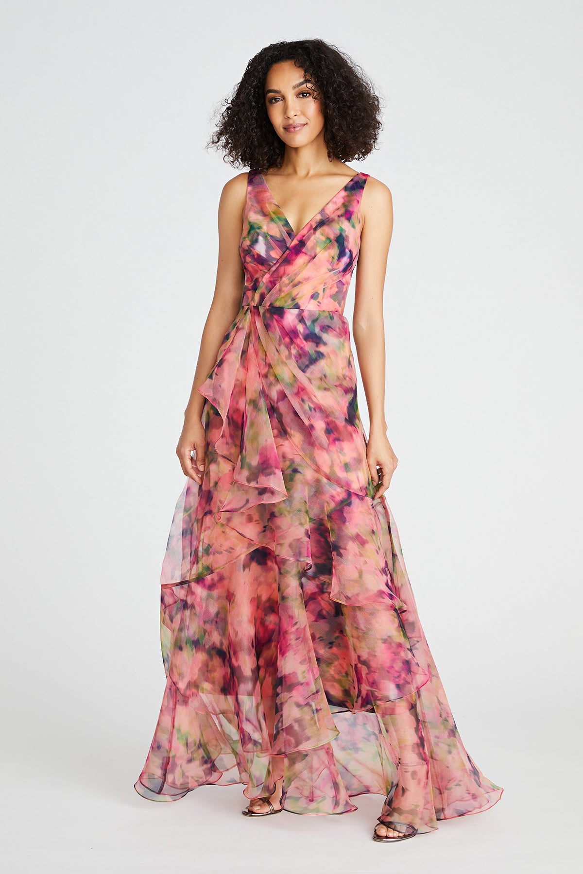 v neck organza dress Theia Karen Organza V Neck Gown In Aquatic Blooms