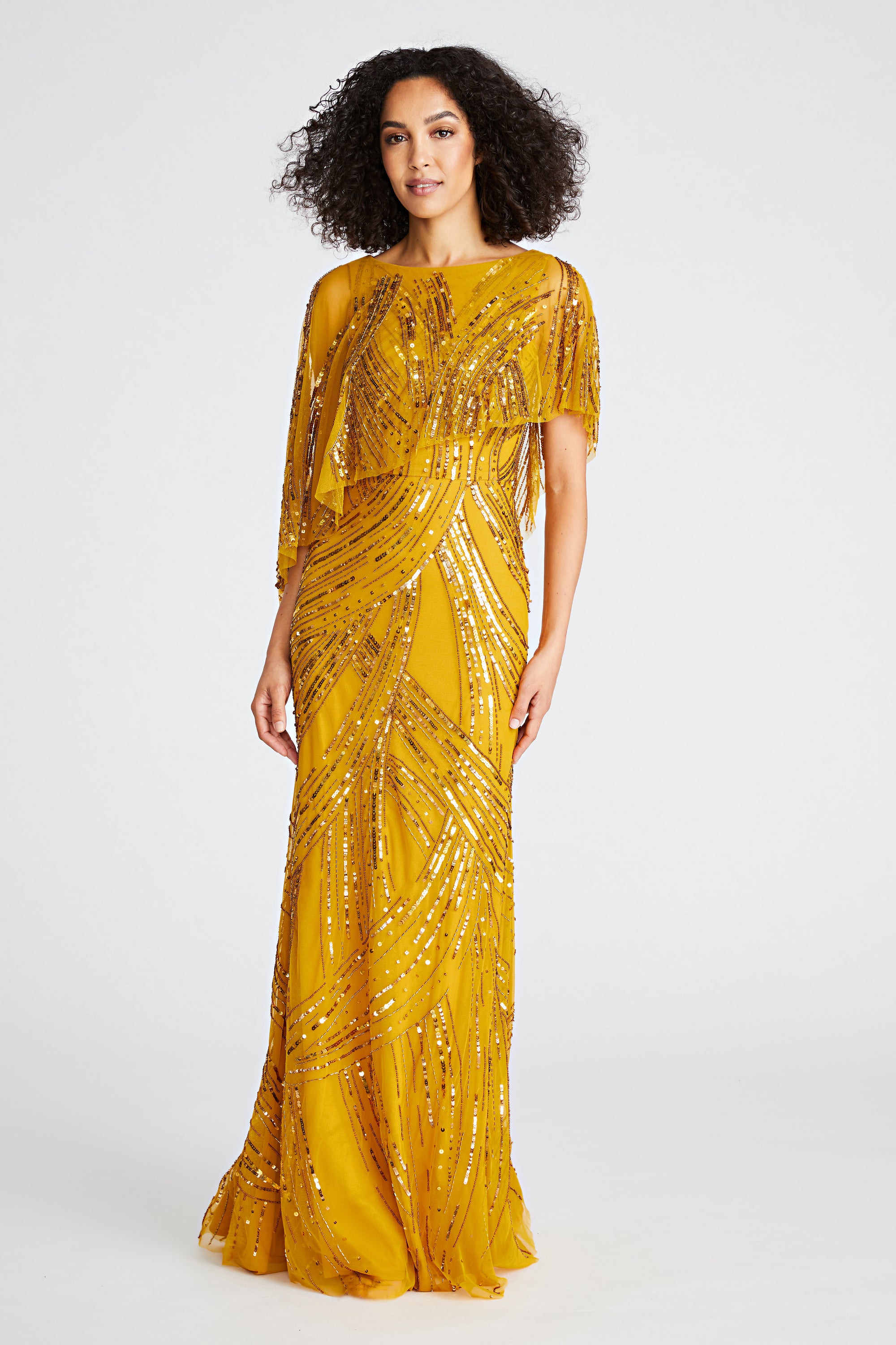 Theia Ayla Beaded Shawl Gown, 8 / Gold Theia Ayla Beaded Shawl Gown, 8 / Gold