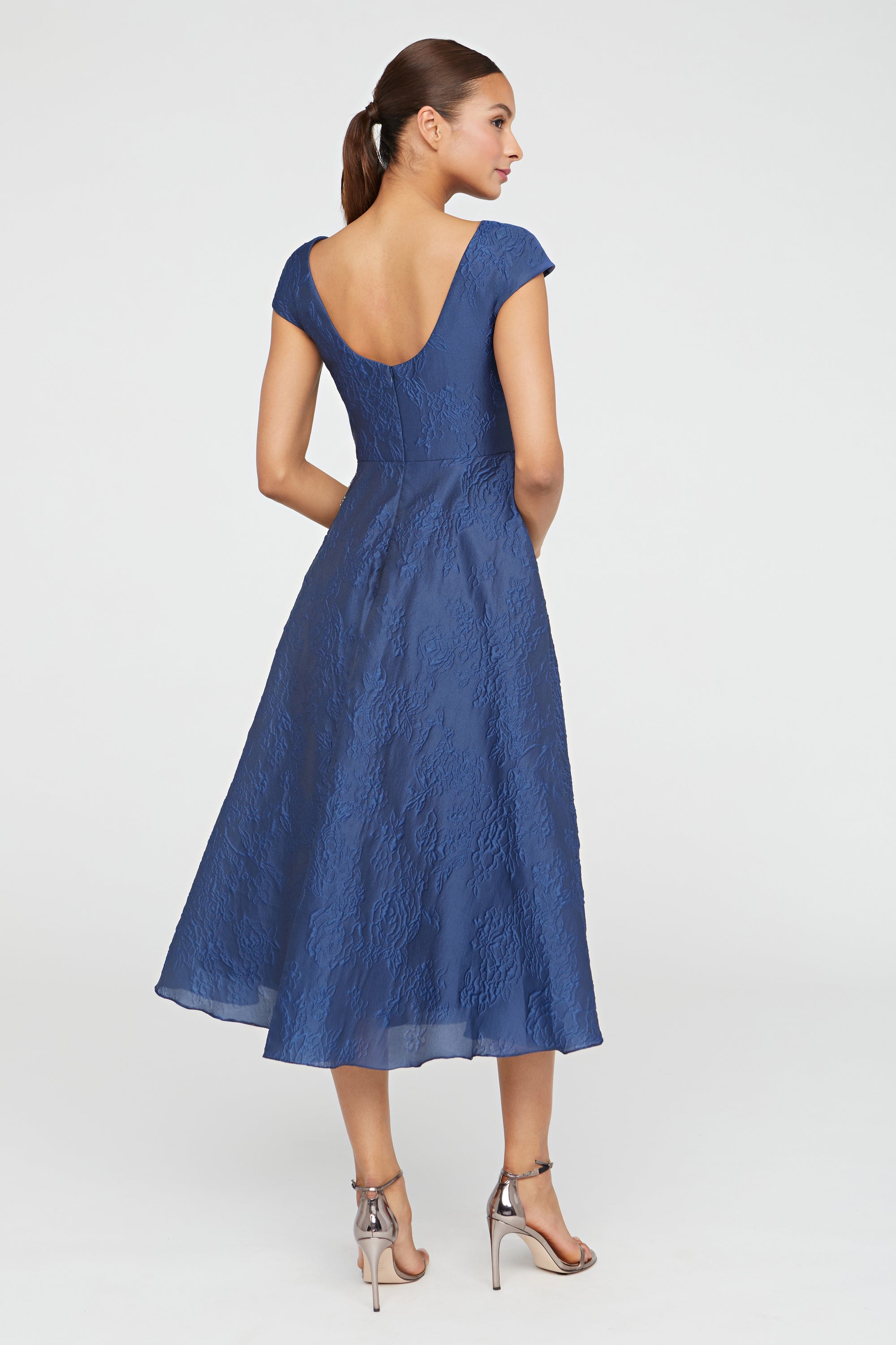 Theia Women's Caity Embellished Jacquard Boatneck Midi-Dress - Midnight Celeste - Size 2 Theia Women's Caity Embellished Jacquard Boatneck Midi-Dress - Midnight Celeste - Size 2