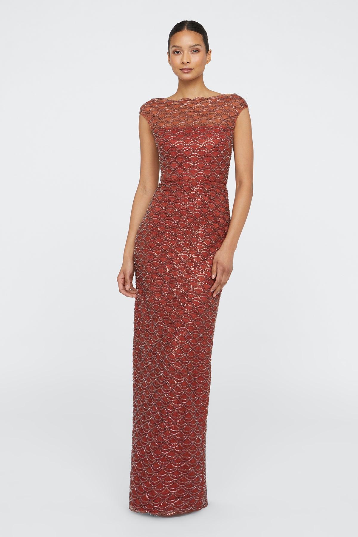 mock neck beaded column dress with t back Aura Gown – THEIA DressStyle: sundress The long silhouette and Marine Dress Blue Military Color:Light-Blue
