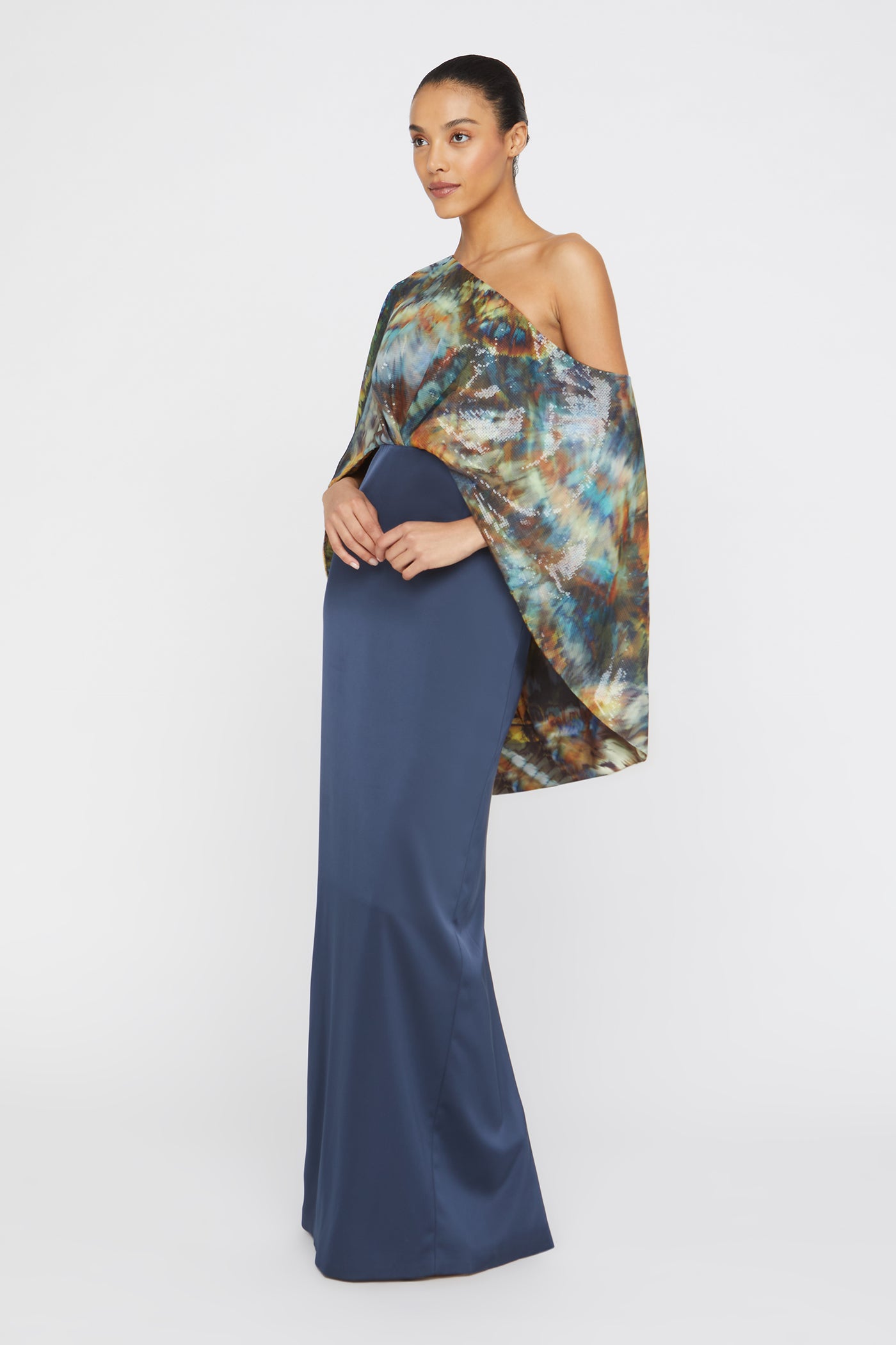 Gisette One Shoulder Cape Gown