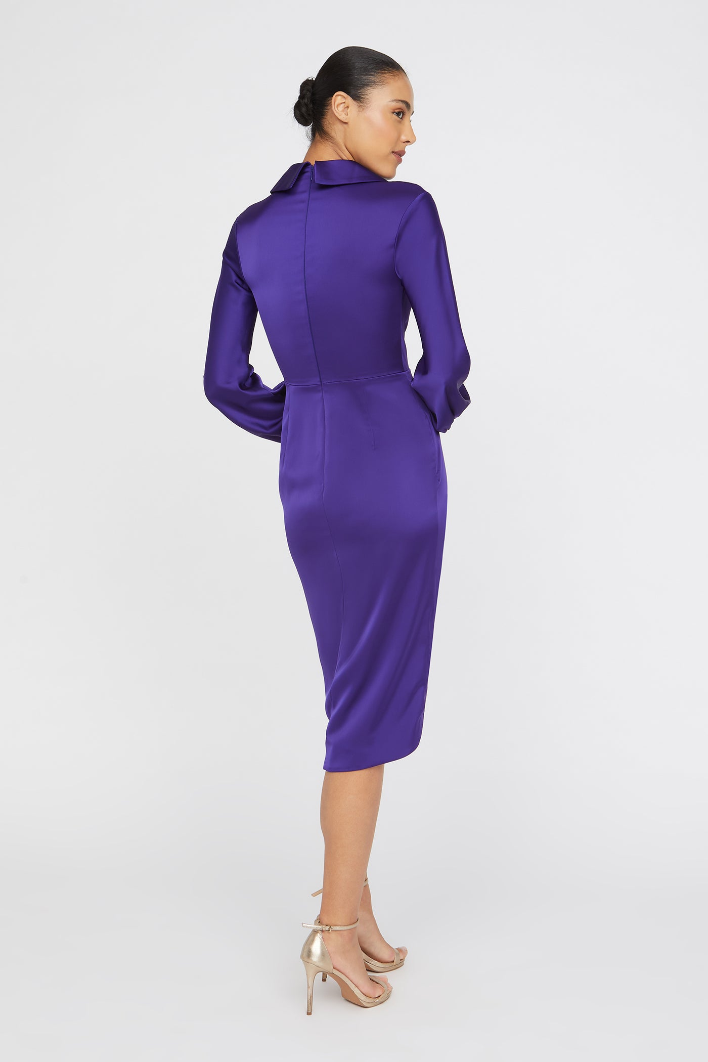 purple wrap dress long sleeve Raffie | Plum Long-Sleeve Midi Dress With Satin Wrap Skirt