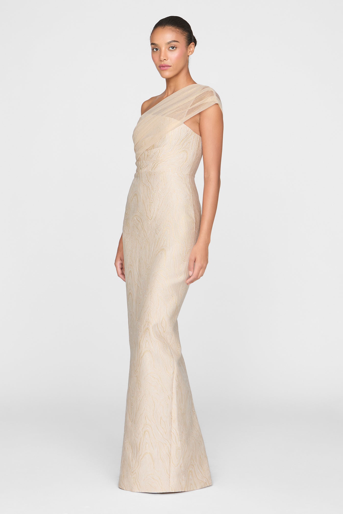Zara Draped Shawl Column Dress 2 / Champagne Zara Draped Shawl Column Dress 2 / Champagne
