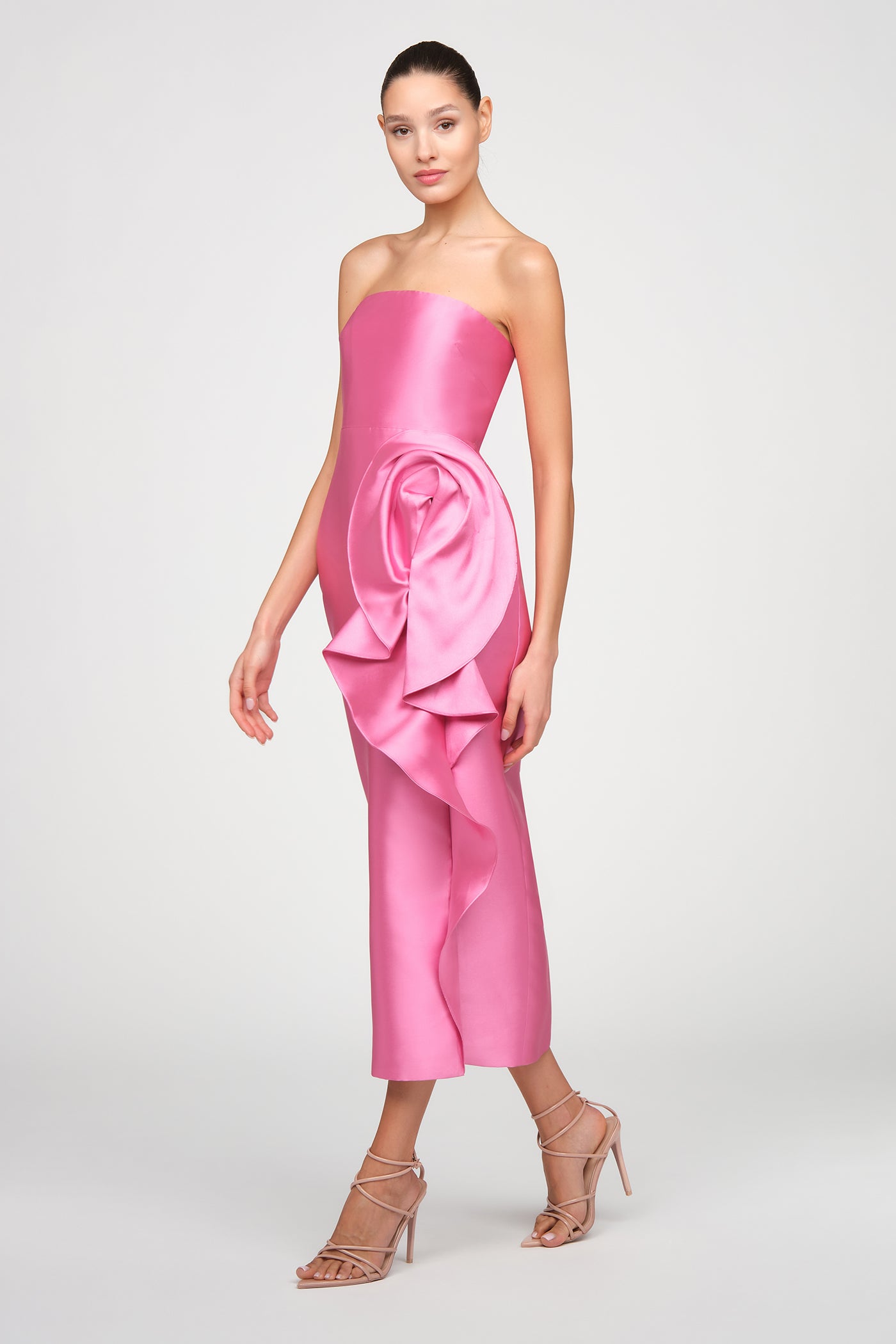 pink drape dress Marla Sculptural Color:Neutral Floral Fashionista print Bodycon Waist Shaper Under adding that extra edge
