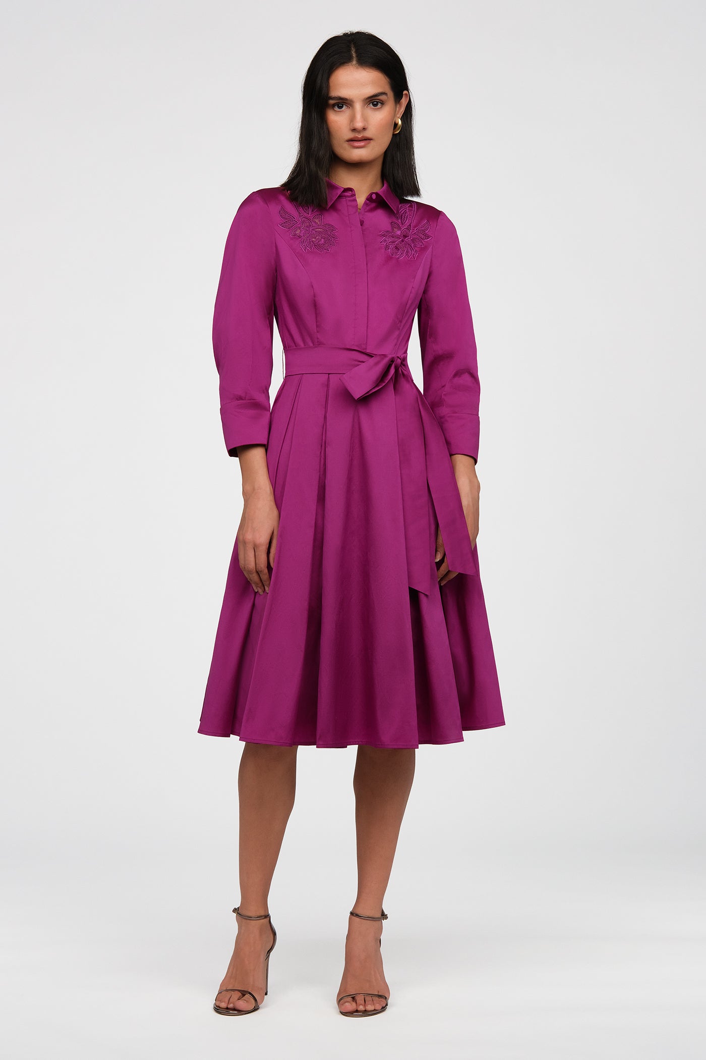 taffeta shirt dress Taffeta Midi Shirt Dress with Sash pink