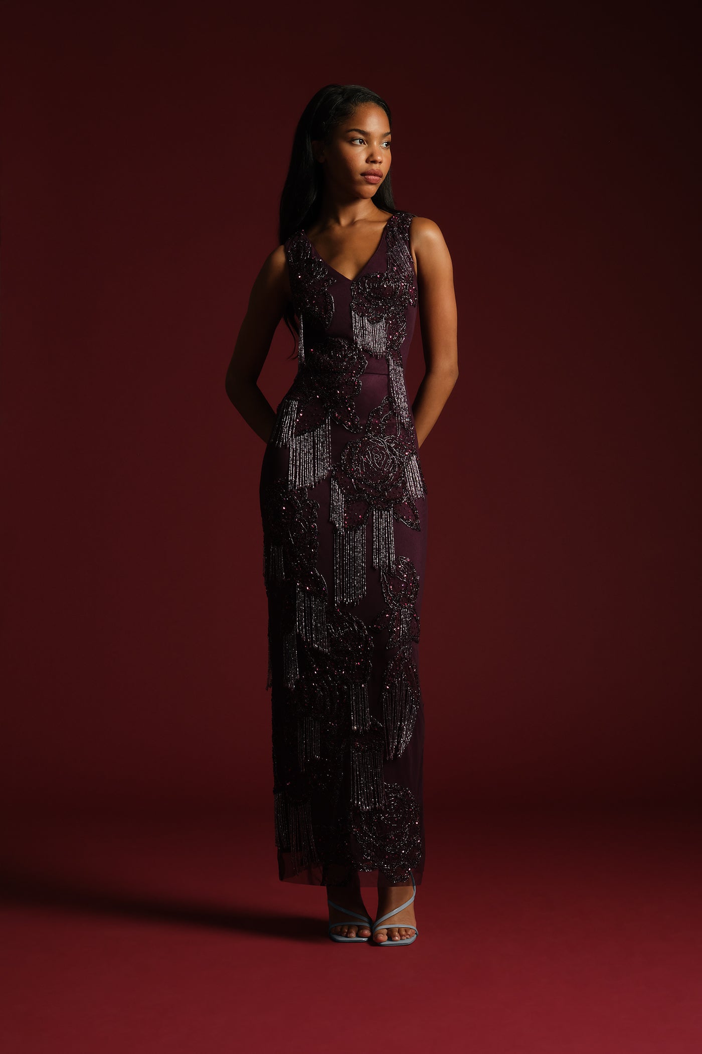 Iliana Beaded Fringe Gown