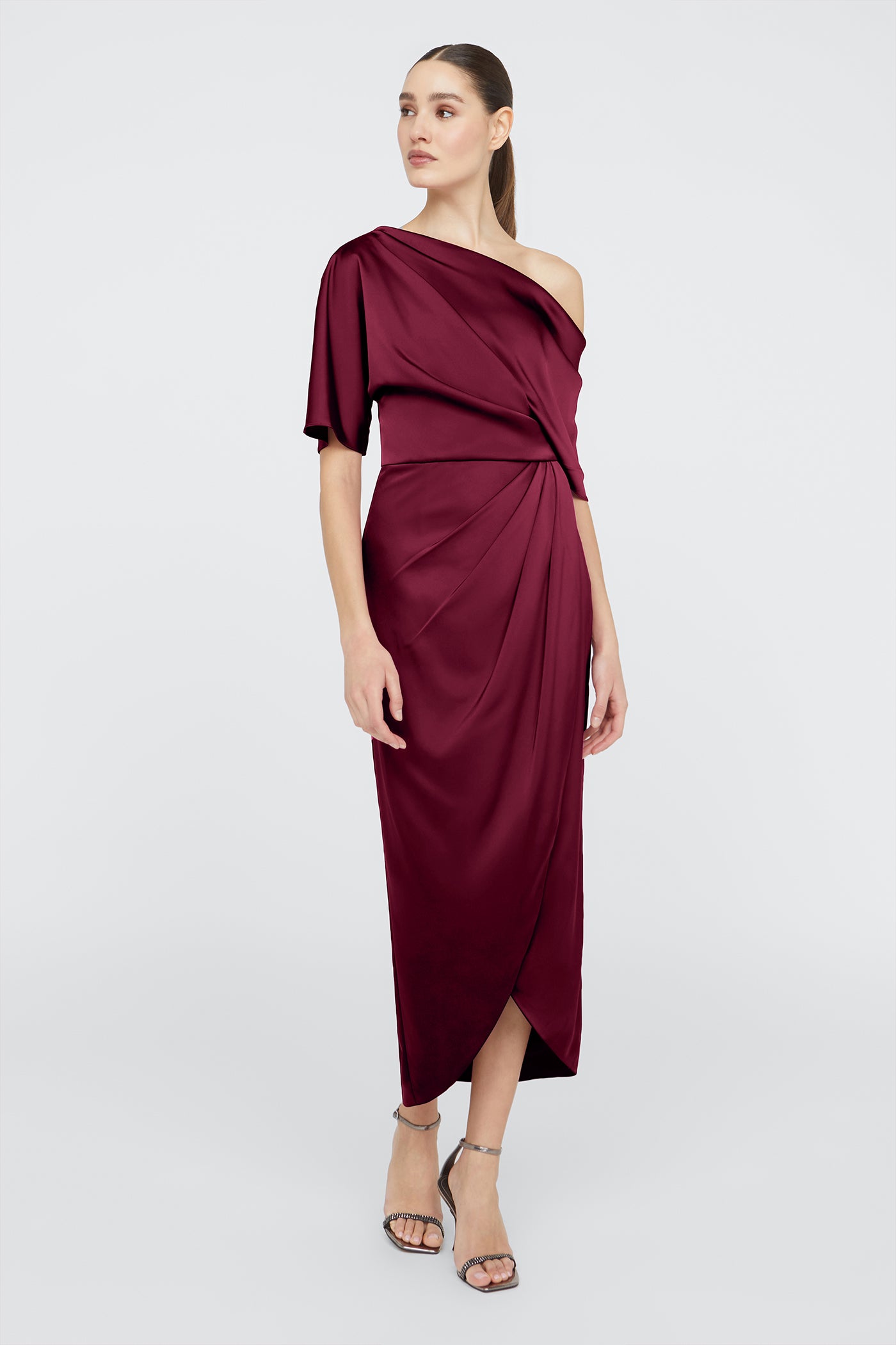 burgundy one shoulder draped midi dress Theia Women's Rayna One-Shoulder Gown - Oxblood