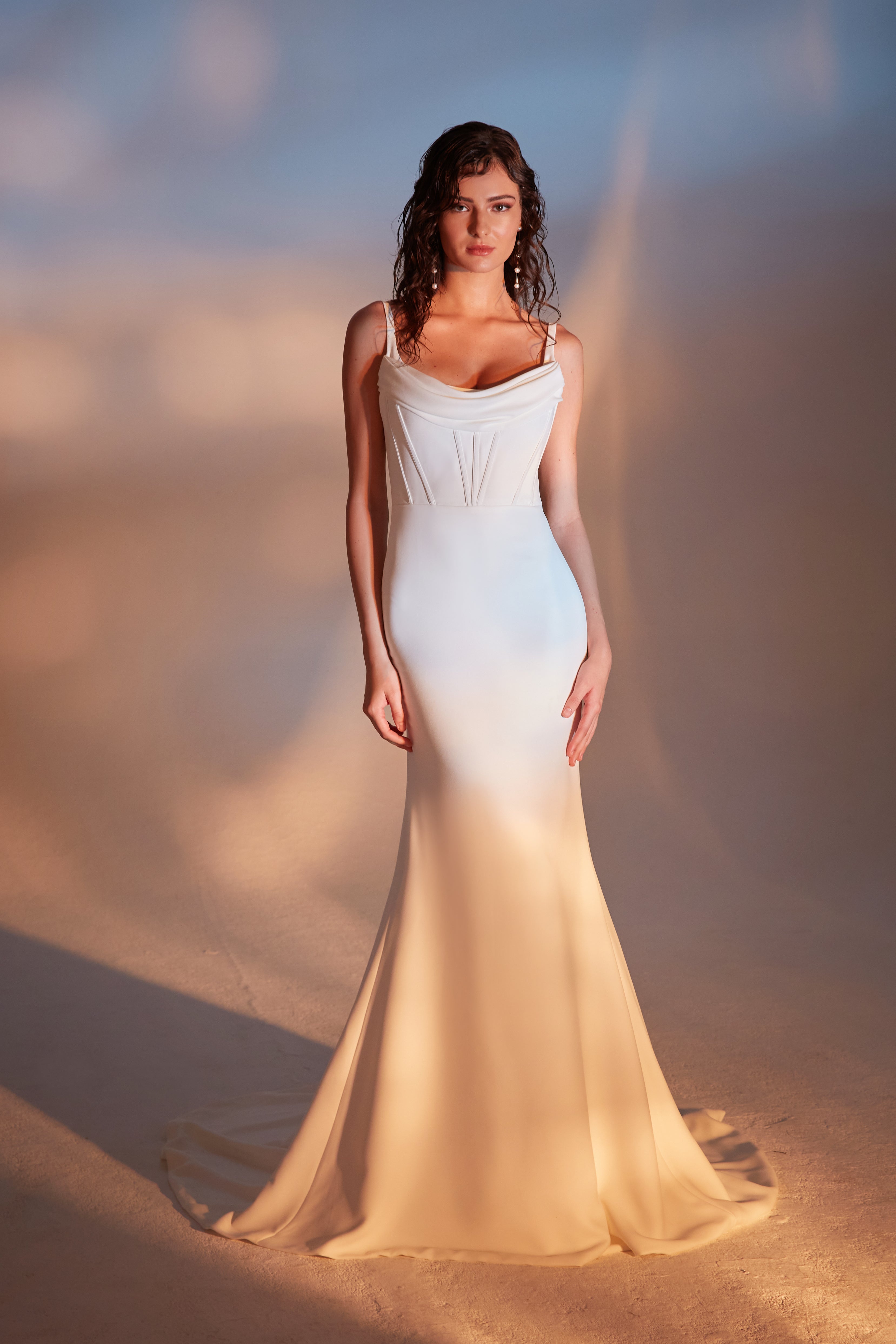 Stretch crepe draped corset gown with straps