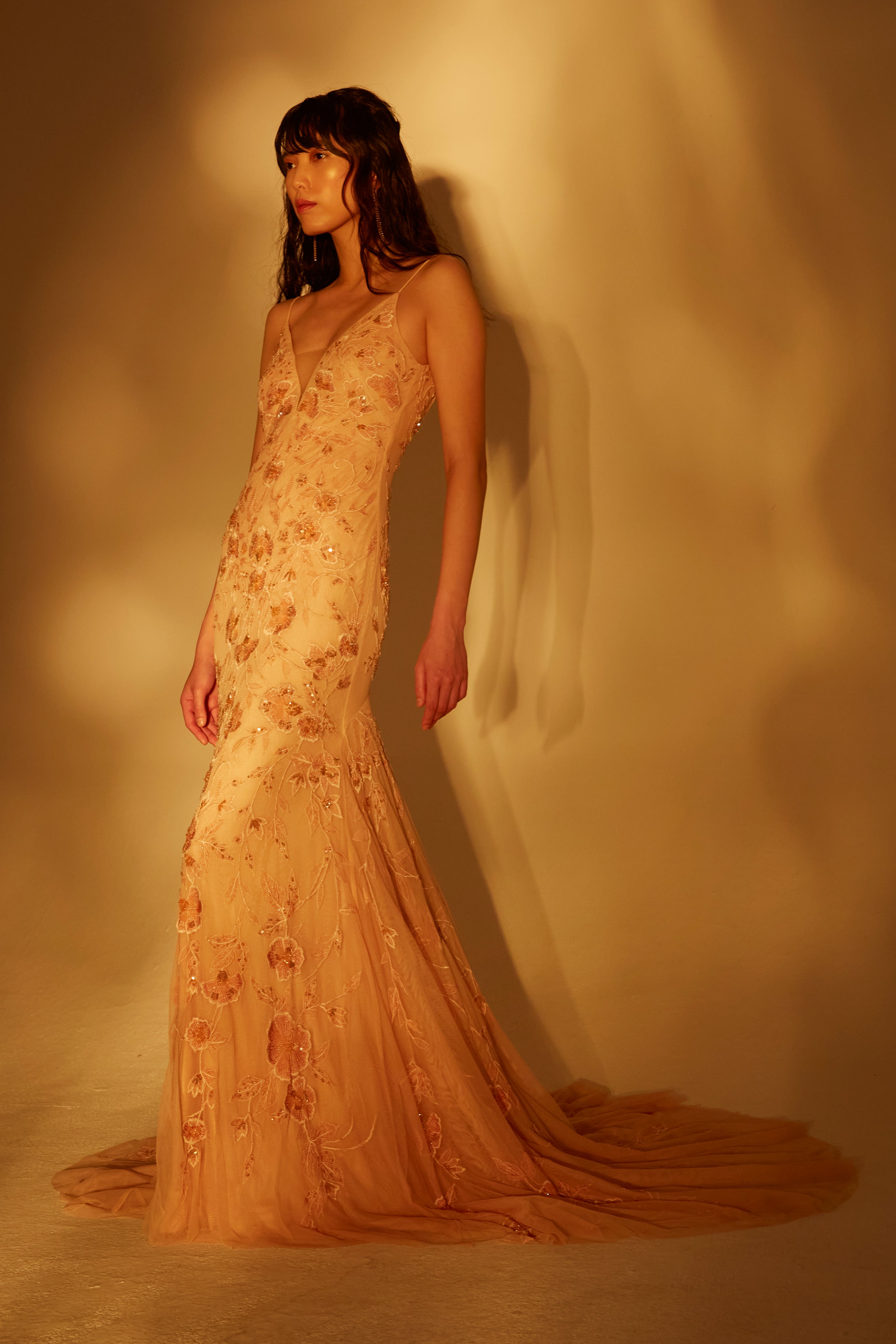 Deep V-plunge siren gown with illusion and Quince floral embroidery