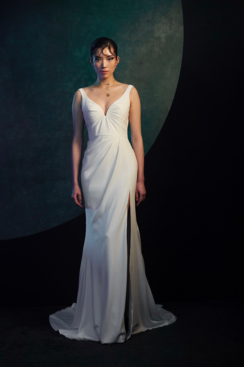 Valley sweetheart draped gown with straps and front slit