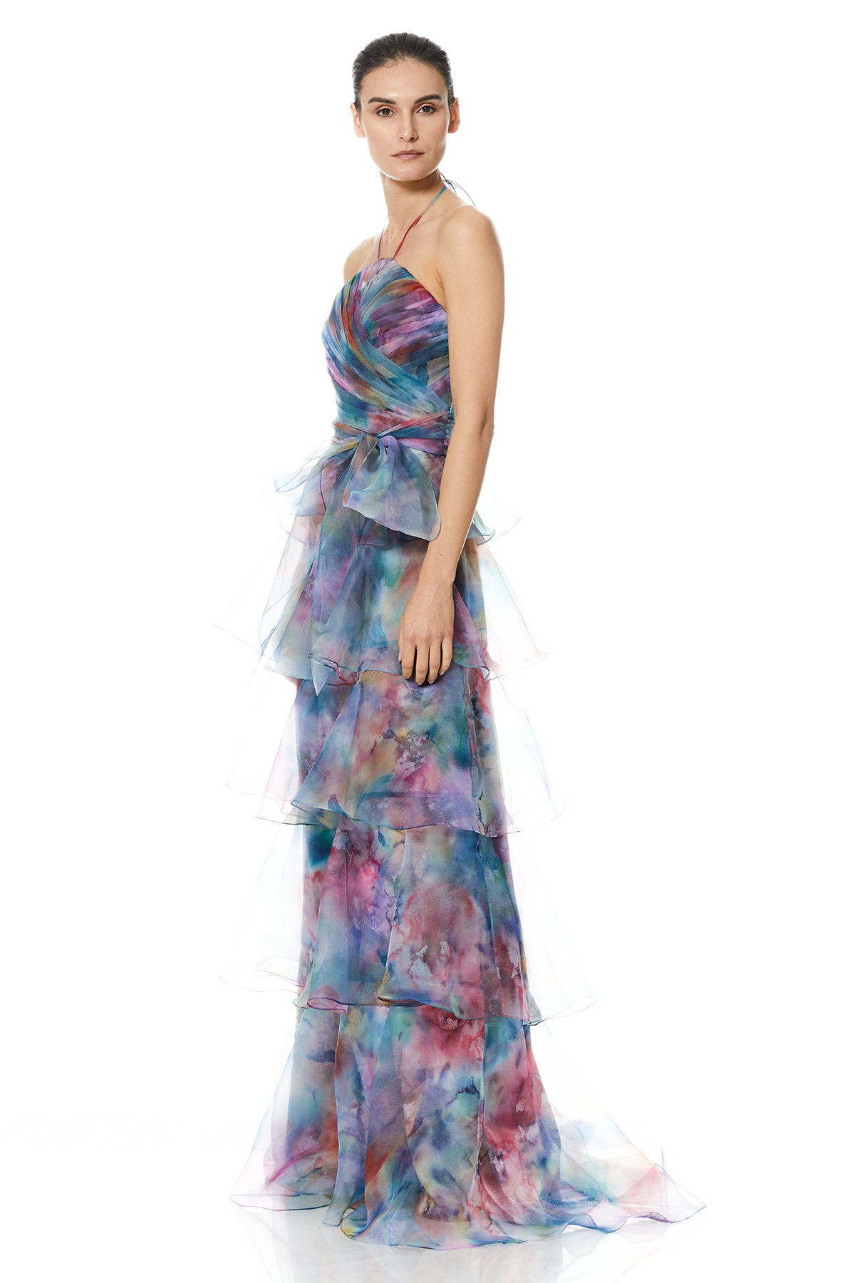 Theia - Kimora Halter Tiered Gown - Imprinted Blooms