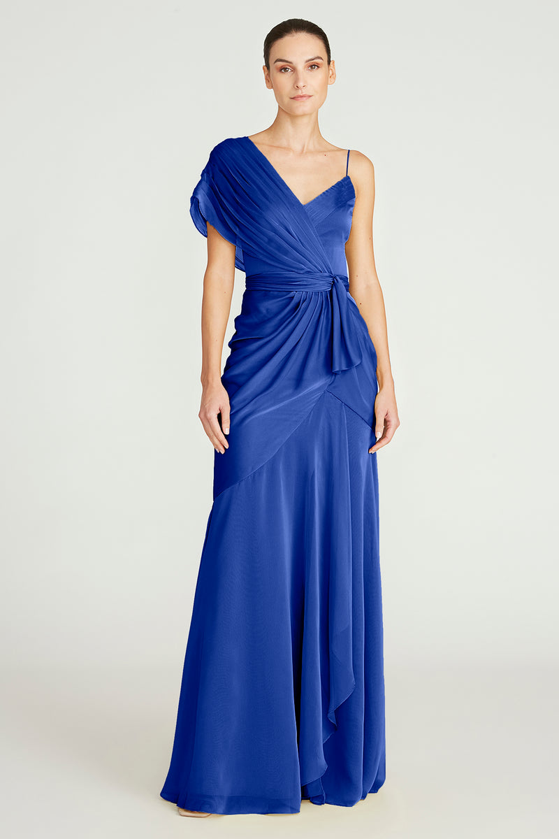 Jana Asymmetric Draped Gown in Oxford Blue | THEIA