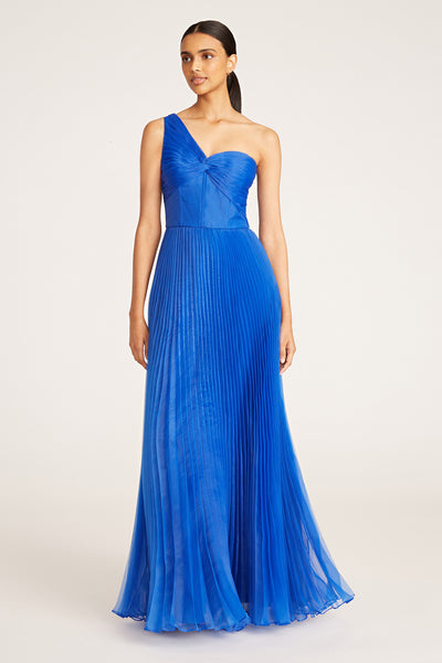 Theia one shop shoulder metallic gown