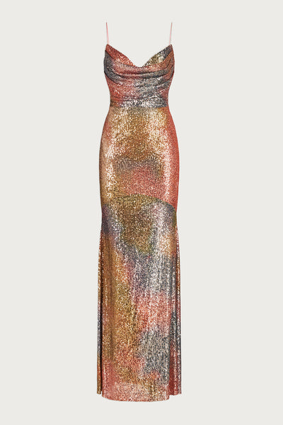 Brynn Cowl Neck Sequin Gown